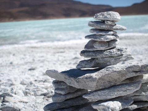 Cairn by Lago Azul on Salar de Uyuni trip in Bolivia