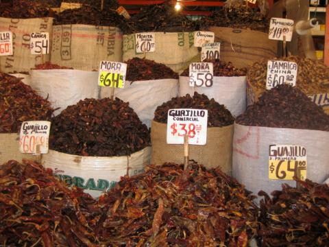 Different kinds of peppers sold at Mercado la merced in Mexico DF